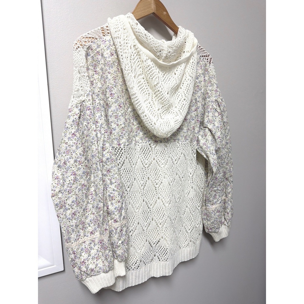 POL Crochet Knit Floral Puff Sleeve Hooded Cardigan Sweater Cream M Y2K Coquette - Picture 6 of 12
